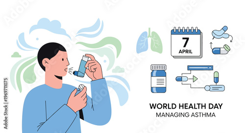 Man using asthma inhaler for respiratory treatment and management