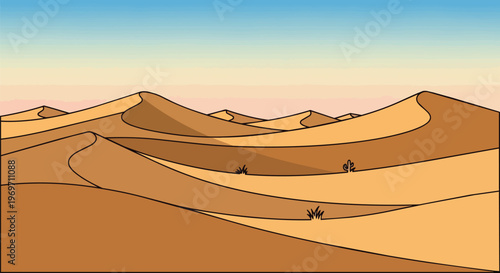 Desert Landscape Illustration with Sand Dunes and Clear Sky