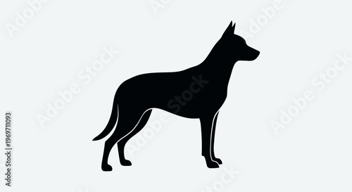 A striking black silhouette of a German Shepherd dog standing alertly on a plain white background, showcasing its lean physique and erect ears.