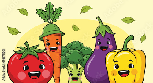 A vibrant and cheerful illustration of a variety of fresh, healthy vegetables arranged together, with smiling faces and green leaves floating around.