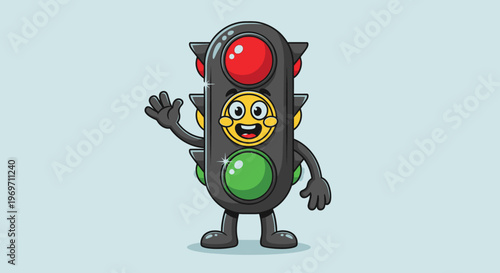 A cute, cartoon traffic light character with a friendly face and waving hand, standing against a light blue background.