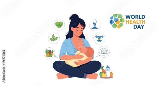 Mother breastfeeding infant with healthy lifestyle icons in background