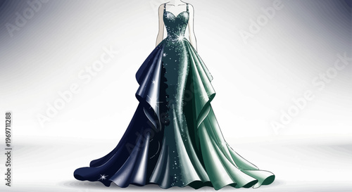 Stunning digital illustration of a glamorous sparkling evening gown with a flowing layered skirt in shades of blue and green.
