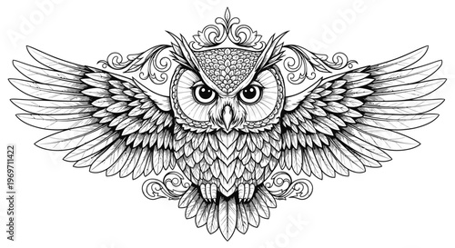 Intricate black and white illustration of an owl with spread wings and ornate decorative elements.
