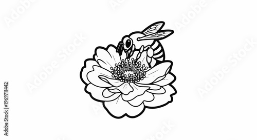 Detailed line art of a bee collecting pollen from a flower