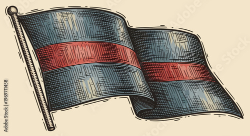 An old-fashioned, hand-drawn illustration of a waving flag with two horizontal stripes on a flagpole.