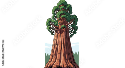 A majestic, towering Sequoia tree with a thick, reddish-brown trunk and a lush green canopy, set against a subtle background of distant trees.