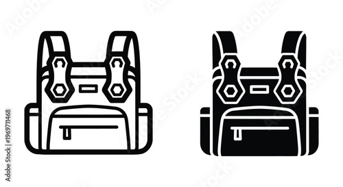 Backpack icon set vector illustration of a school bag or travel rucksack in outline and solid style