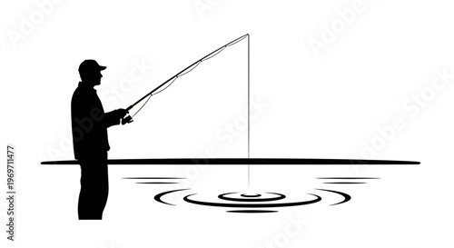 Silhouette of a person fishing with a rod and reel on the water, creating ripples.