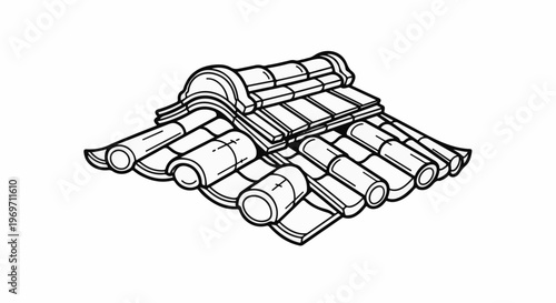 Detailed line art illustration of a tiled roof section