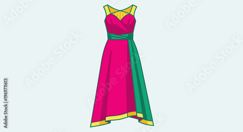 A vibrant, sleeveless, floor-length dress with a striking color-block design featuring magenta, emerald green, and yellow accents.
