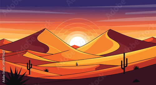 Pixel Art Desert Landscape with Sand Dunes and Cactus at Sunset