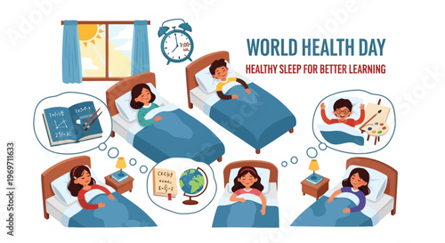Children sleeping in beds for healthy sleep world health day banner