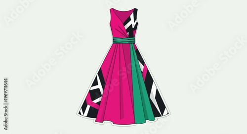 A vibrant, sleeveless, floor-length dress with a V-neckline and a cinched waist, featuring a bold geometric pattern in pink, green, black, and white.