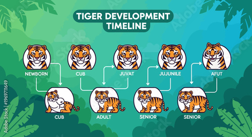 A visual timeline illustrating the different developmental stages of a tiger, from newborn to senior, with accompanying illustrations for each phase.