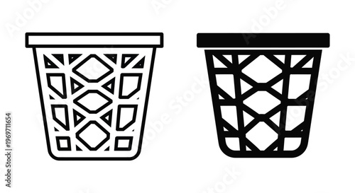 Set of two trash bin icons, outline and solid style, vector illustration of wastebasket for office or home