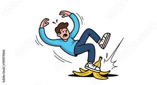 A cartoon man slips and falls dramatically on a discarded banana peel on the ground, with his arms flailing and a look of surprise on his face.