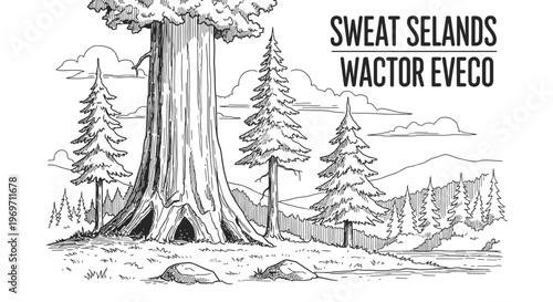 A detailed hand-drawn illustration of a majestic redwood tree in a forest landscape with other evergreen trees and rolling hills in the background.