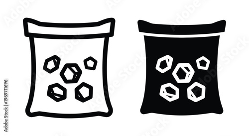 Set of coal bag icons, sack with charcoal or stone, vector illustration