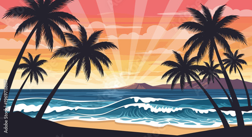 Silhouette of palm trees against a vibrant sunset over a tropical ocean with gentle waves lapping the shore.