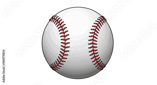 A close-up, detailed illustration of a white baseball with red stitching, isolated on a plain white background.