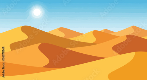 Vibrant Desert Landscape with Golden Sand Dunes and Bright Sun