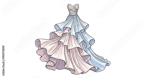 A stunning, flowing gown with cascading ruffles in pastel blue and pink, featuring a sweetheart neckline and a dramatic train.