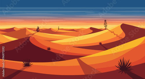 Pixel Art Desert Landscape with Sand Dunes at Sunset