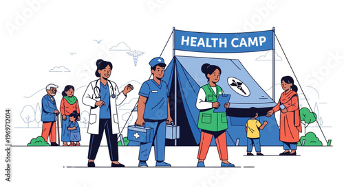 Medical team providing healthcare services at outdoor community health camp