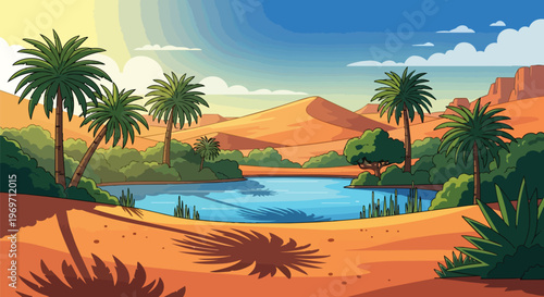 Beautiful Desert Oasis with Palm Trees and Blue Water Pond
