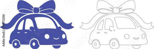 Blue and black outlined cartoon cars with bows on