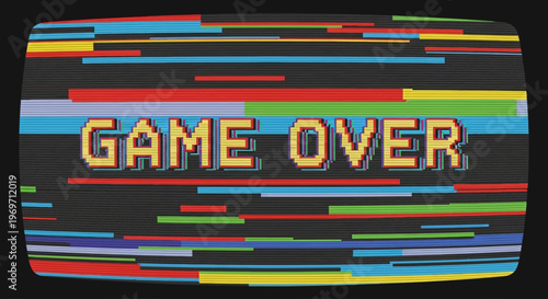 Retro video game screen displaying "GAME OVER" with colorful static and horizontal lines, evoking nostalgia for classic arcade experiences.