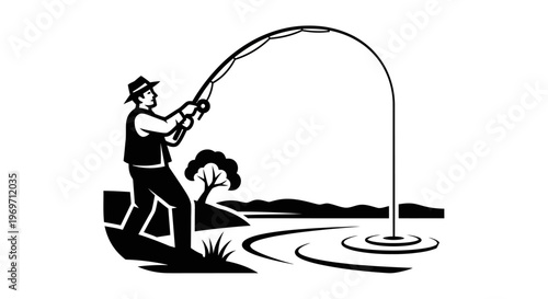 Black and white illustration of a man fishing with a rod and reel by a river or lake, depicting the hobby of angling.