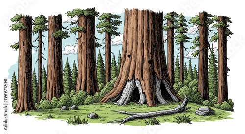An illustrative depiction of a majestic redwood forest with towering trees, a prominent giant sequoia in the foreground, and a serene natural landscape.