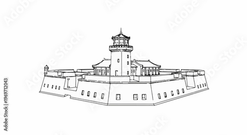 Detailed line drawing of a fortified lighthouse structure with traditional Asian-style roofs