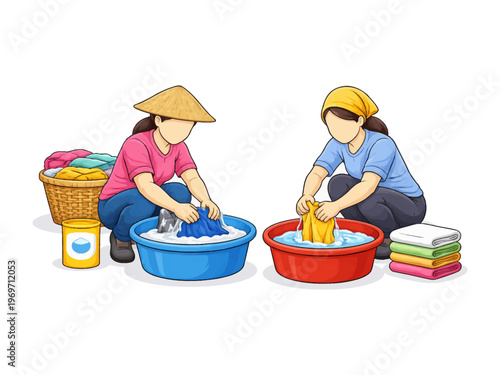 Washing Clothes: Two women in traditional attire washing clothes in tubs, a scene of domesticity.