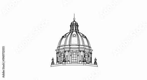Detailed line drawing of a grand classical dome with statues and architectural elements