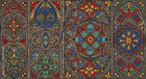 Intricate Gothic stained glass window panels featuring vibrant geometric patterns and floral motifs in red, blue, and green hues.