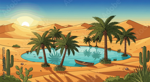Desert Oasis Landscape with Palm Trees and Small Boat at Sunset