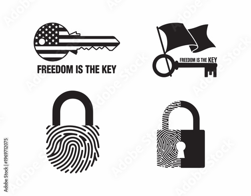 American freedom symbolized with keys locks and fingerprint patterns