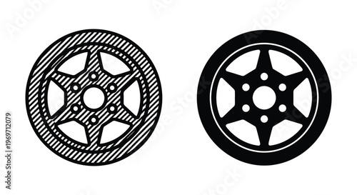 Car wheel rim icons, vector illustration of vehicle alloy wheels, black and white graphic design elements