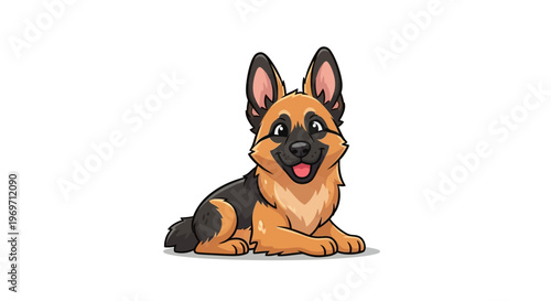 A cute, happy cartoon German Shepherd dog with tan and black fur, pointy ears, and a smiling face, lying down on a white background.
