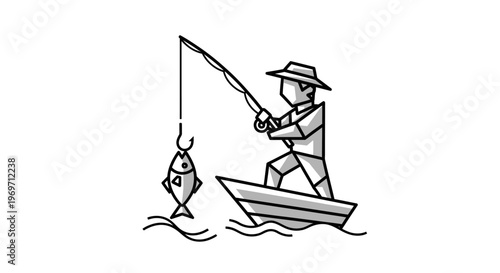Stylized black and white illustration of a person in a small boat, actively fishing with a rod and reel, having successfully caught a fish.