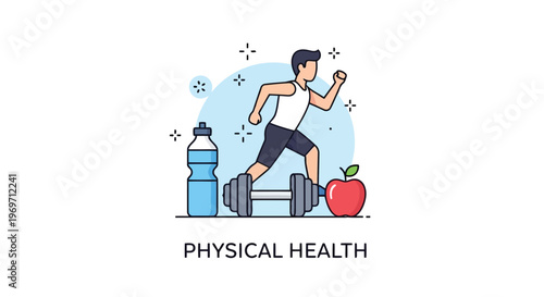 Man running with fitness icons for physical health concept