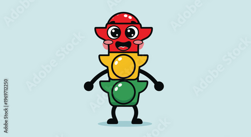 Cute cartoon traffic light character with a happy face and small arms and legs on a light blue background.