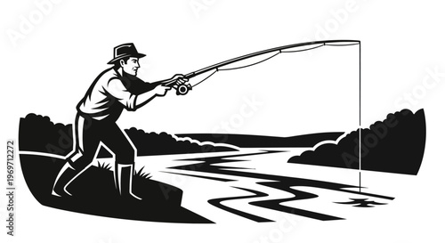 Retro woodcut illustration of a man fishing in a river, casting his line with a rod and reel.