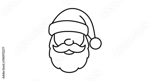 A simple line art drawing of Santa Claus's head, featuring his iconic hat, bushy beard, and mustache, perfect for holiday designs.