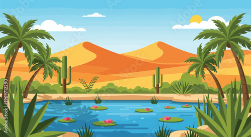 Oasis in the Desert with Sand Dunes and Palm Trees Vector Illustration