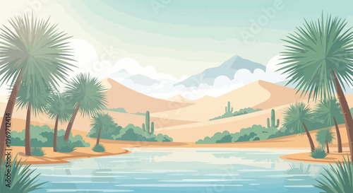 Desert Oasis Landscape with Palm Trees and Sand Dunes