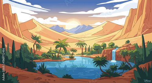 Pixel Art Oasis Landscape with Waterfall and Palm Trees